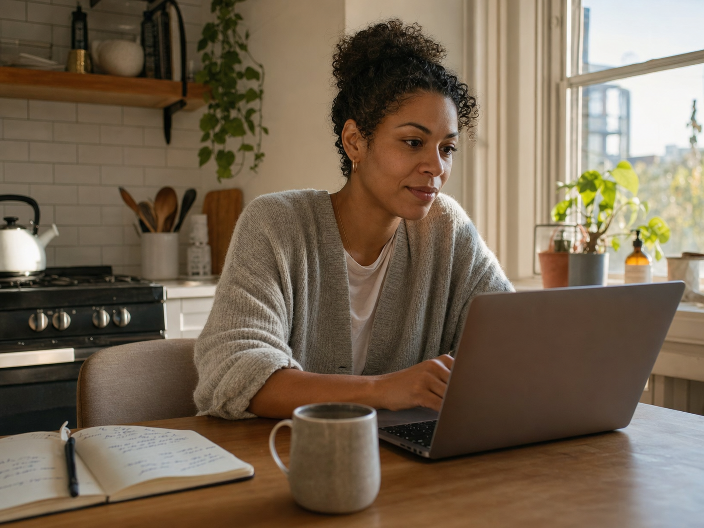 A professional working from a bright, comfortable home space, in control of her own time and income