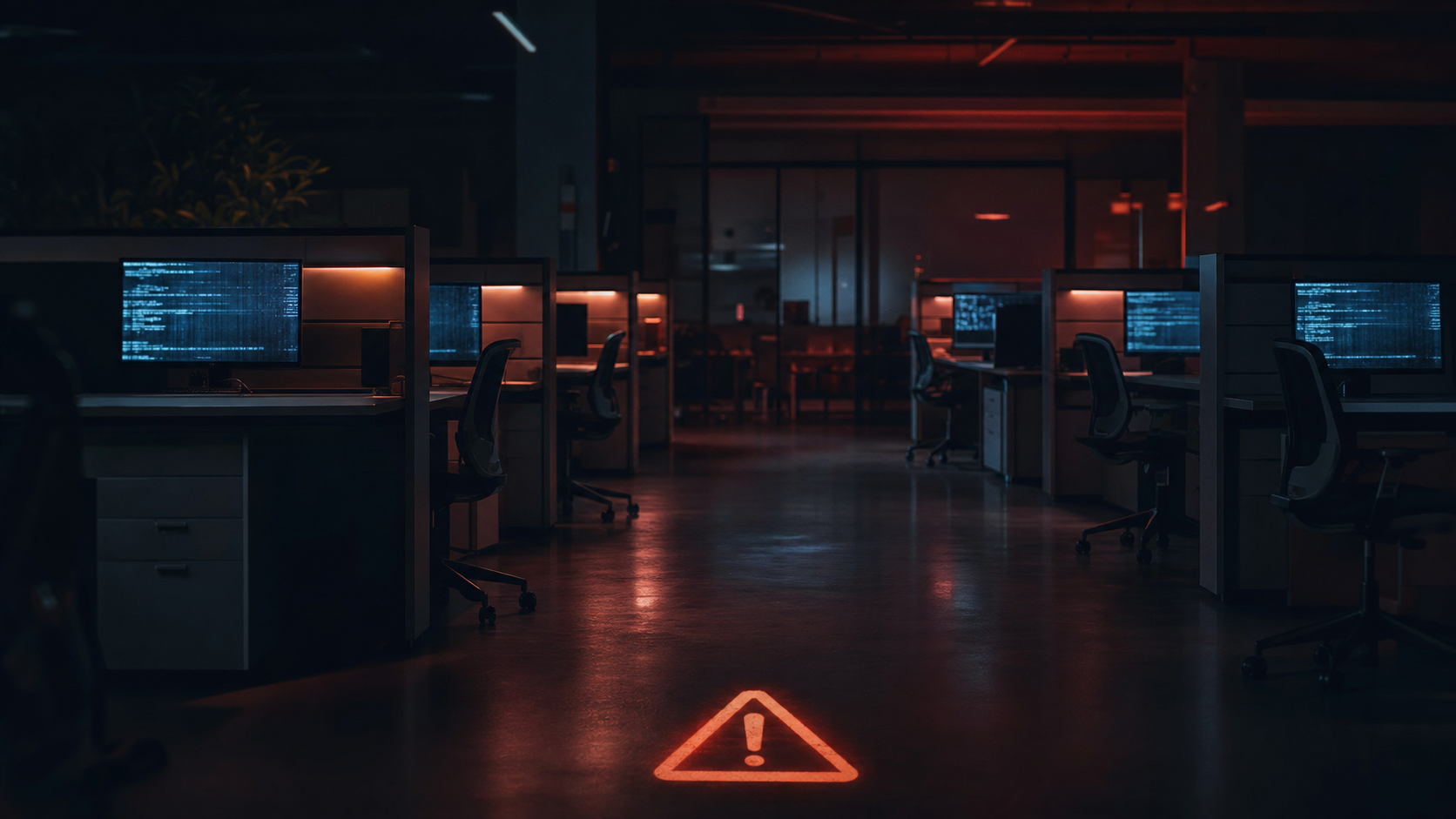 An empty office floor representing layoffs and workforce displacement