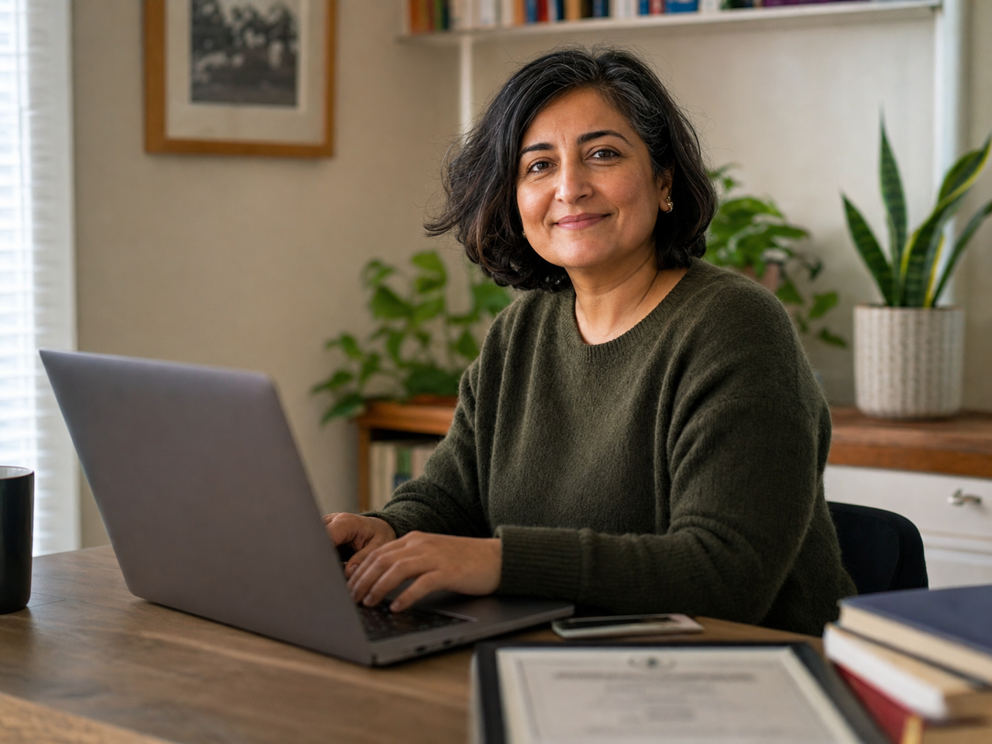 A confident professional holding her CPD-accredited AI certification at her home office